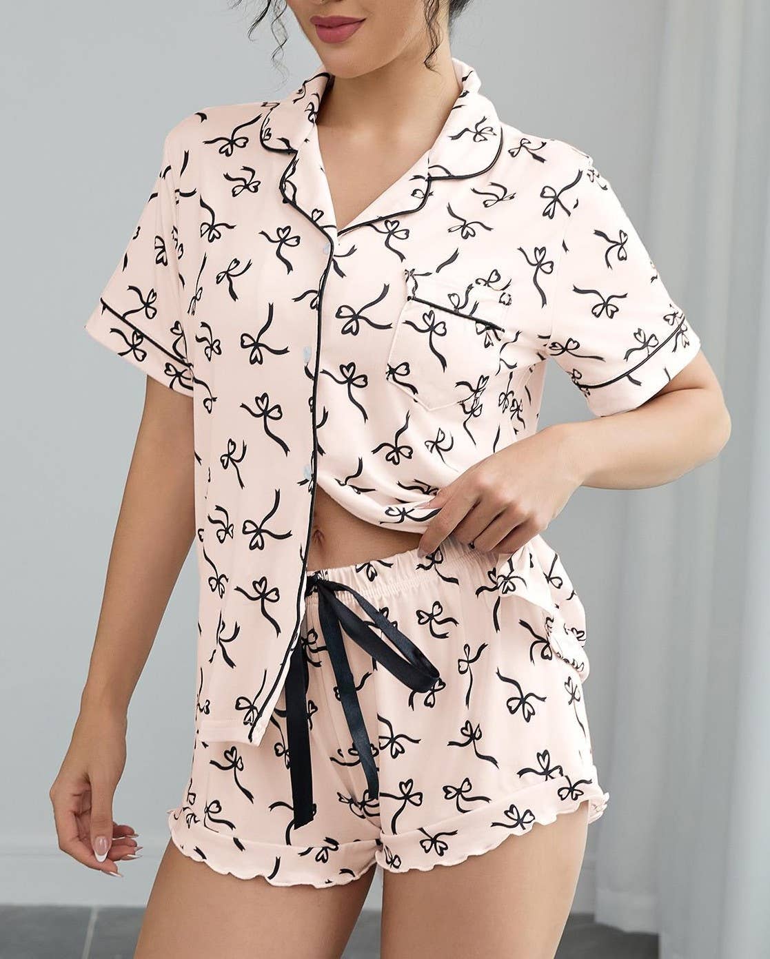 Bow Print Short Sleeve Pajama Set