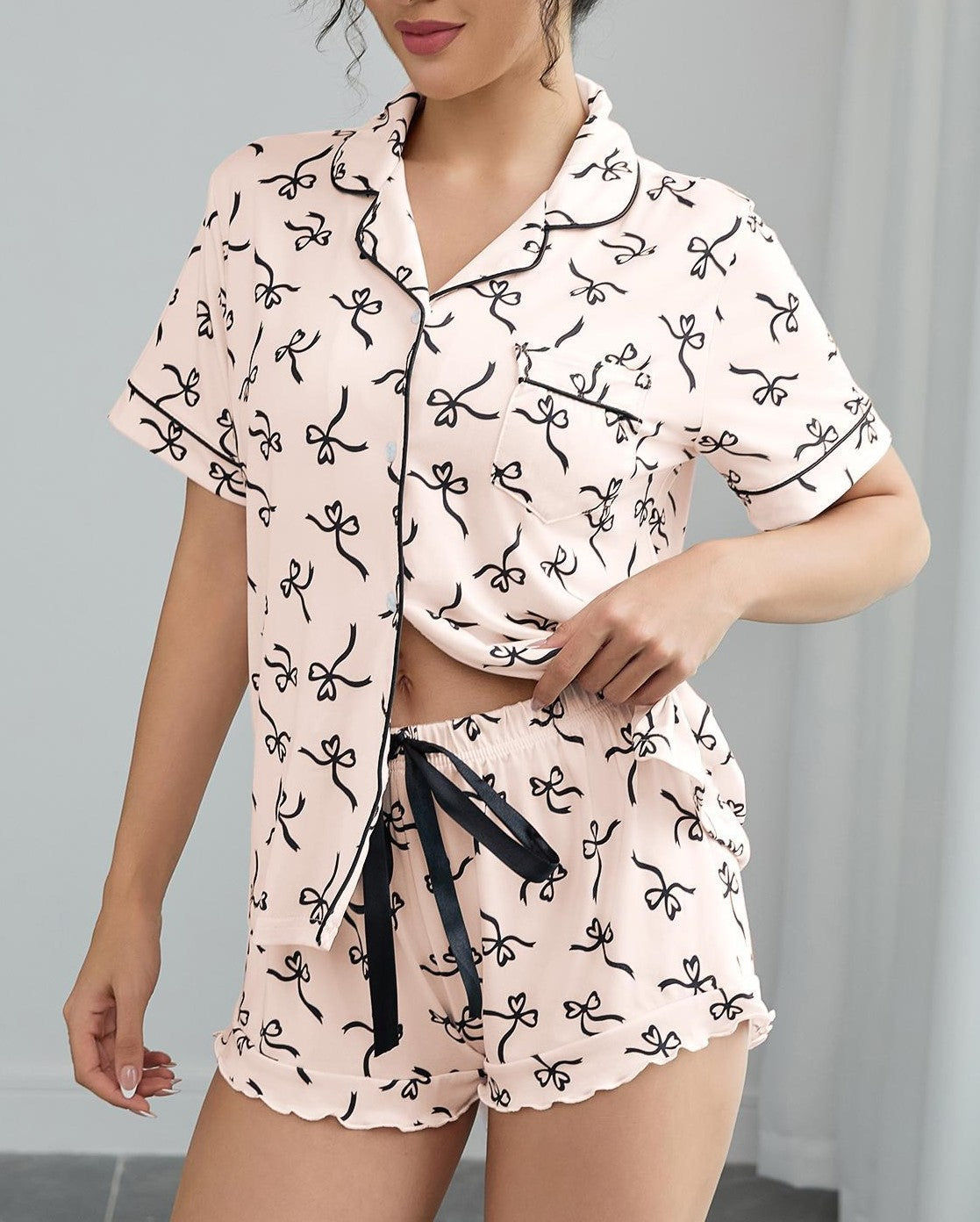 Bow Print Short Sleeve Pajama Set - view 1