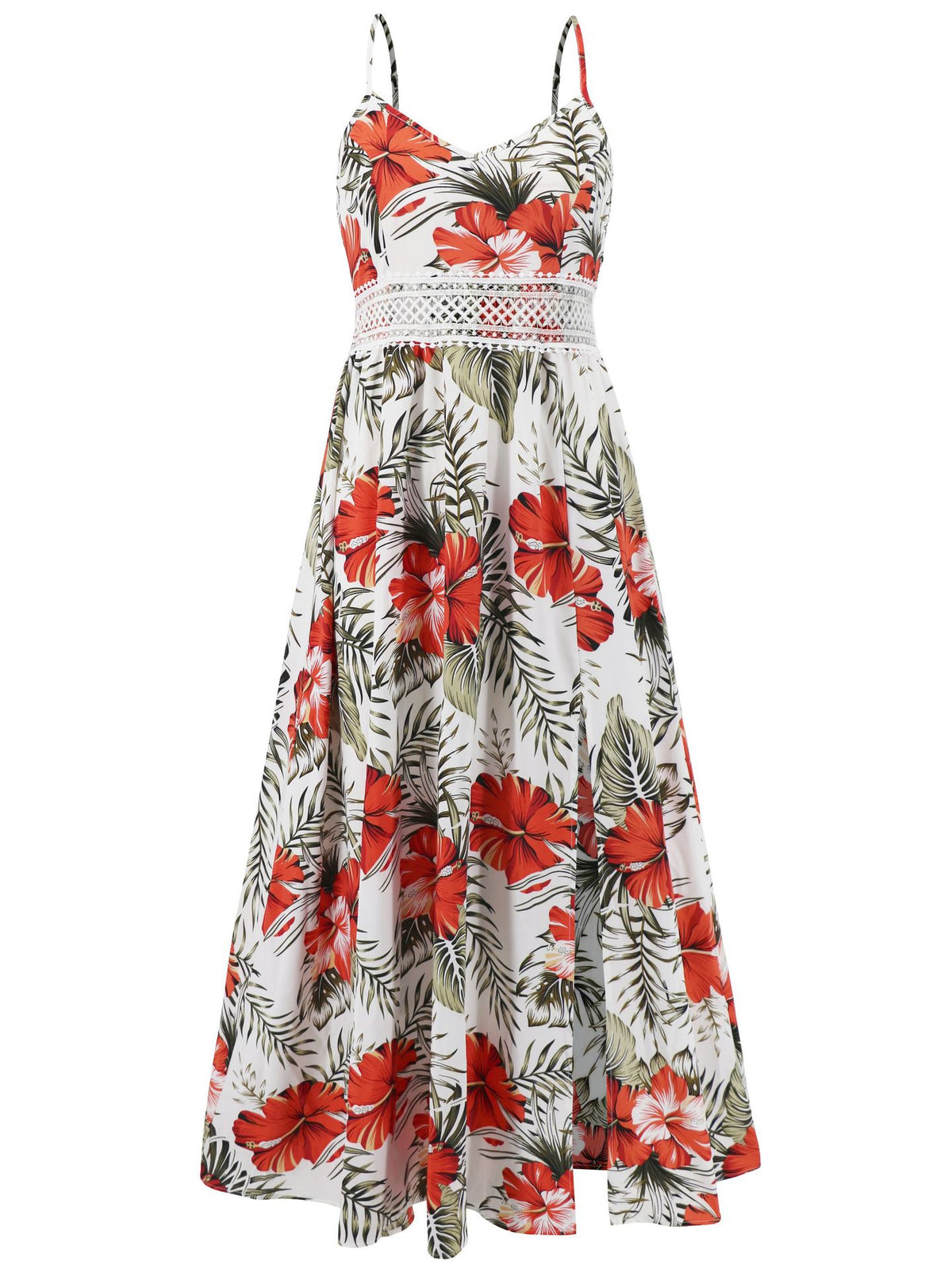 Bohemian Printed Lace Trim Cami Maxi Dress - White