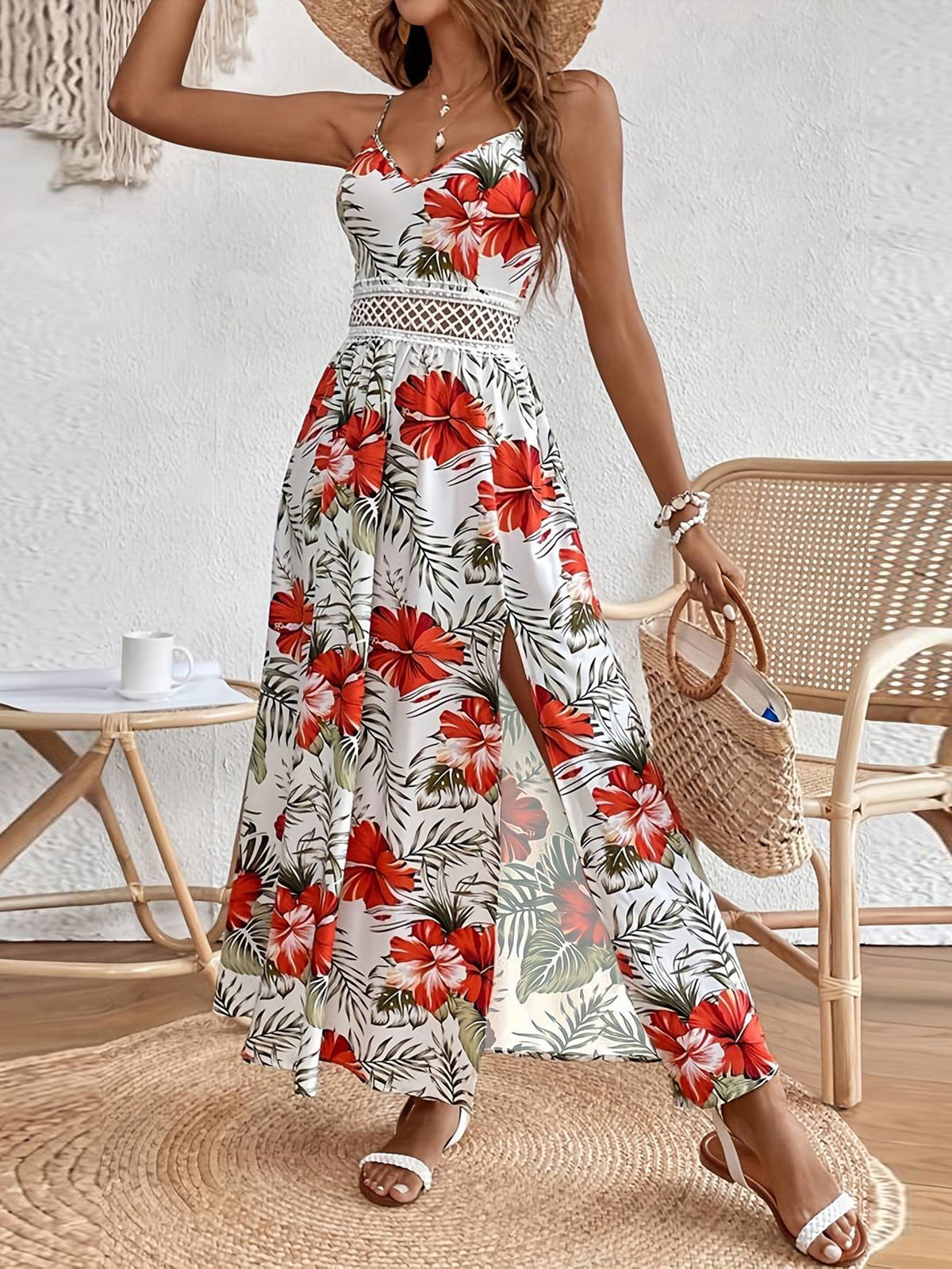 Bohemian Printed Lace Trim Cami Maxi Dress - view 6