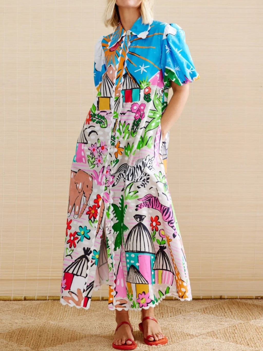 Illustrated Scenic Print Linen Shirt Dress - Decor