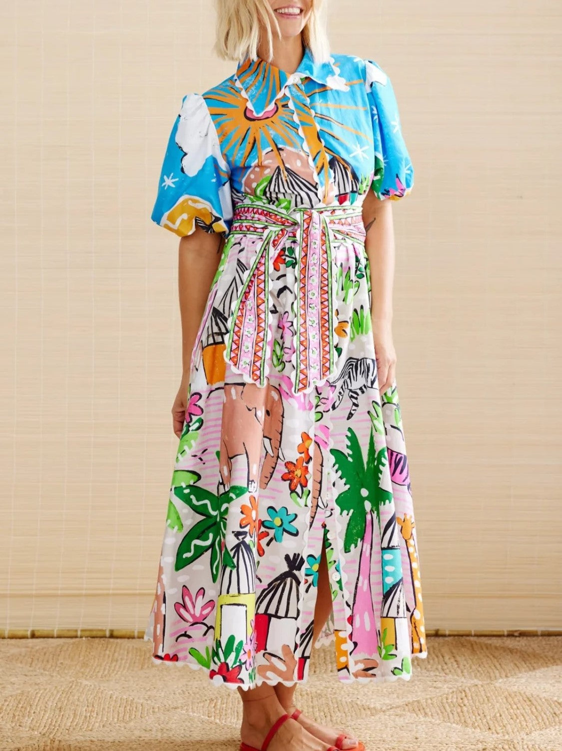 Illustrated Scenic Print Linen Shirt Dress - Decor - 2