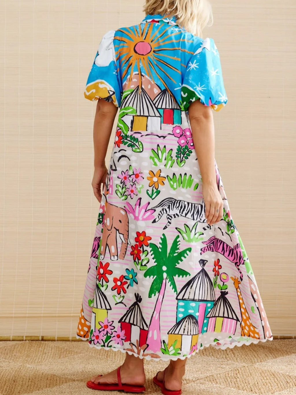 Illustrated Scenic Print Linen Shirt Dress - Decor - 3