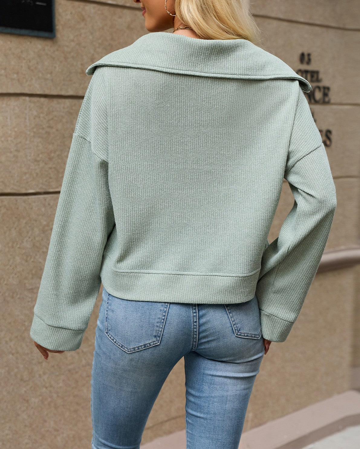 Oversized Collar Half Zip Cropped Sweatshirt - Green - 1