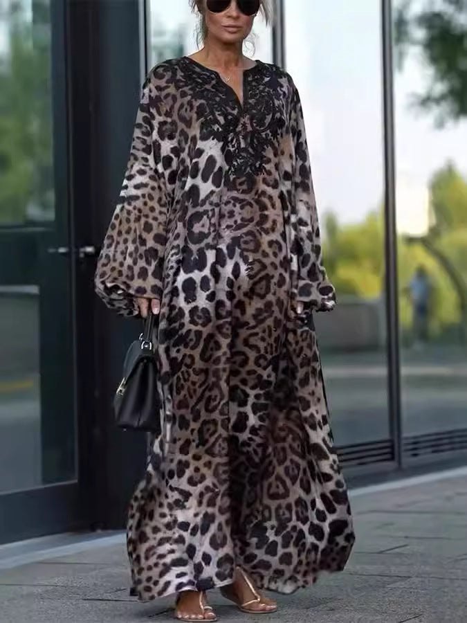Leopard Print Balloon Sleeve Maxi Dress - Leopard