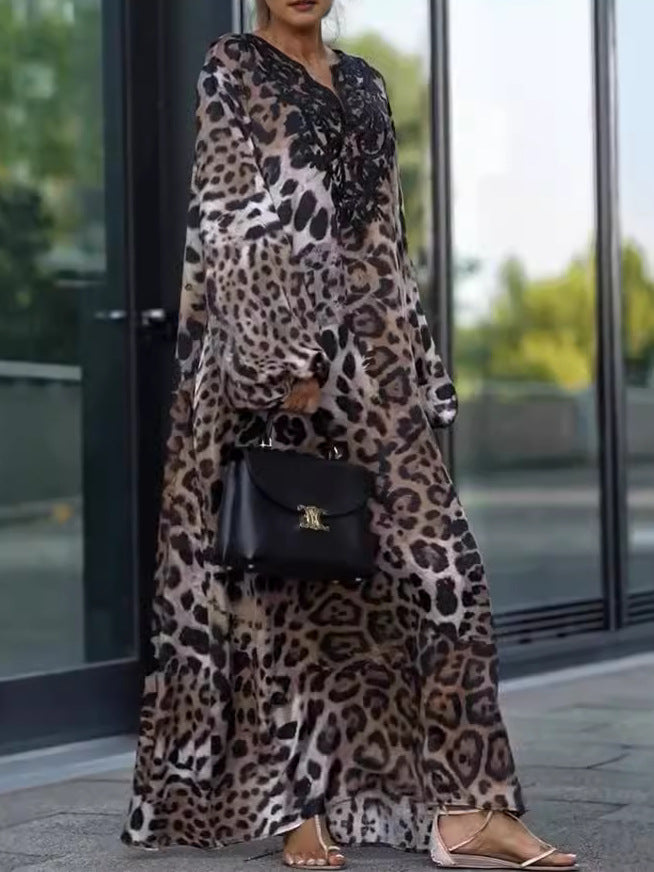 Leopard Print Balloon Sleeve Maxi Dress - Leopard - 1