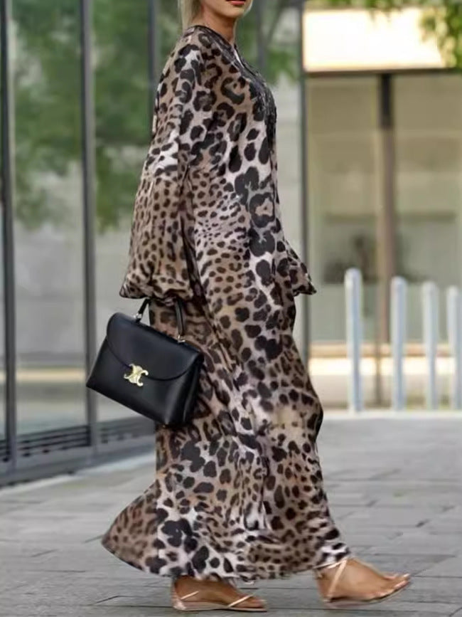 Leopard Print Balloon Sleeve Maxi Dress - Leopard - 2