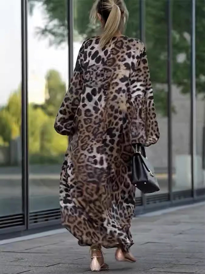 Leopard Print Balloon Sleeve Maxi Dress - Leopard - 3