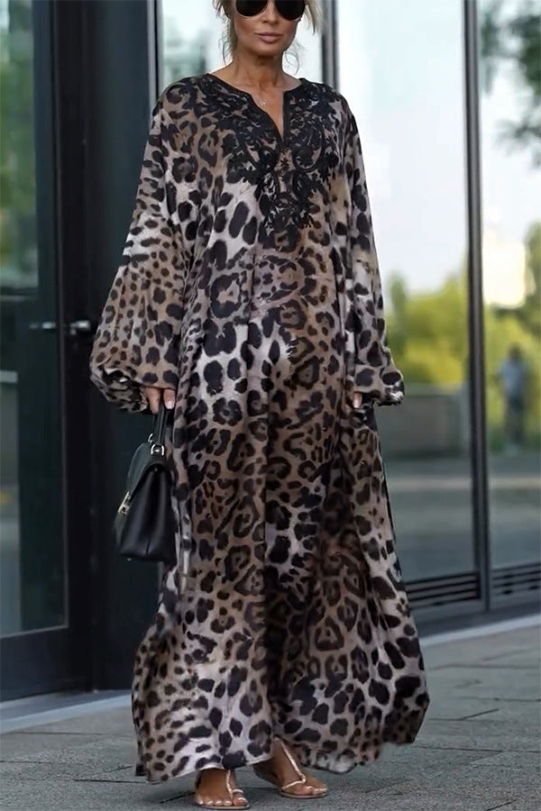 Leopard Print Balloon Sleeve Maxi Dress - Leopard - 5