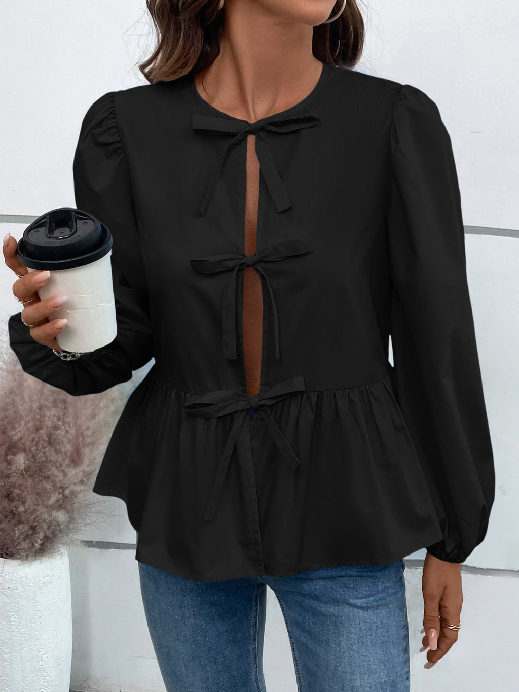 Bow Tie Front Peplum Ruffle Blouse - Black - 1