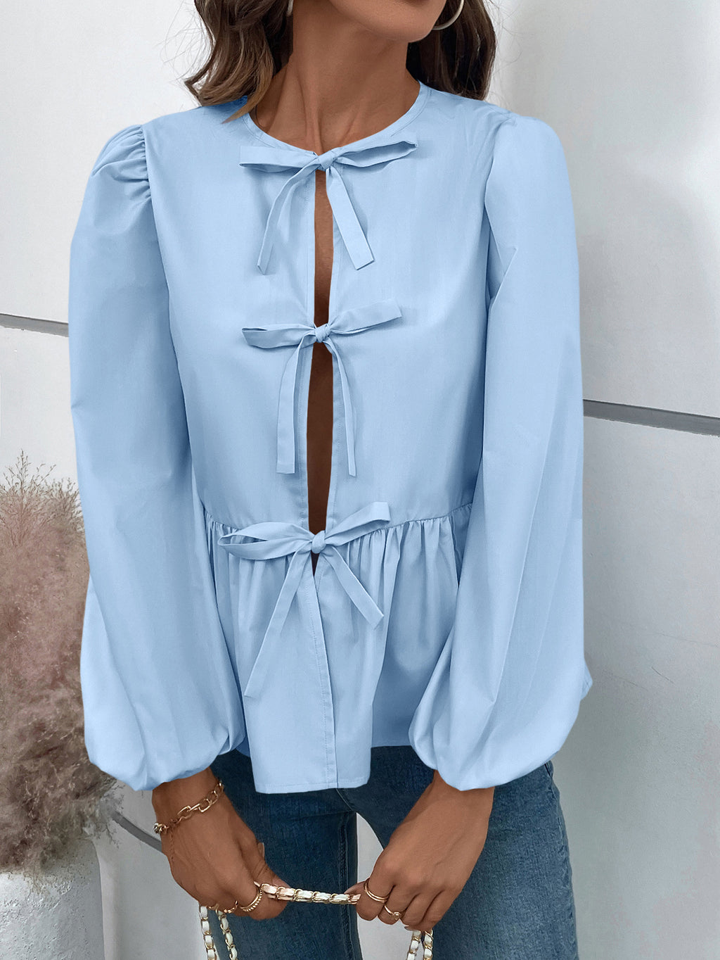 Bow Tie Front Peplum Ruffle Blouse - Blue