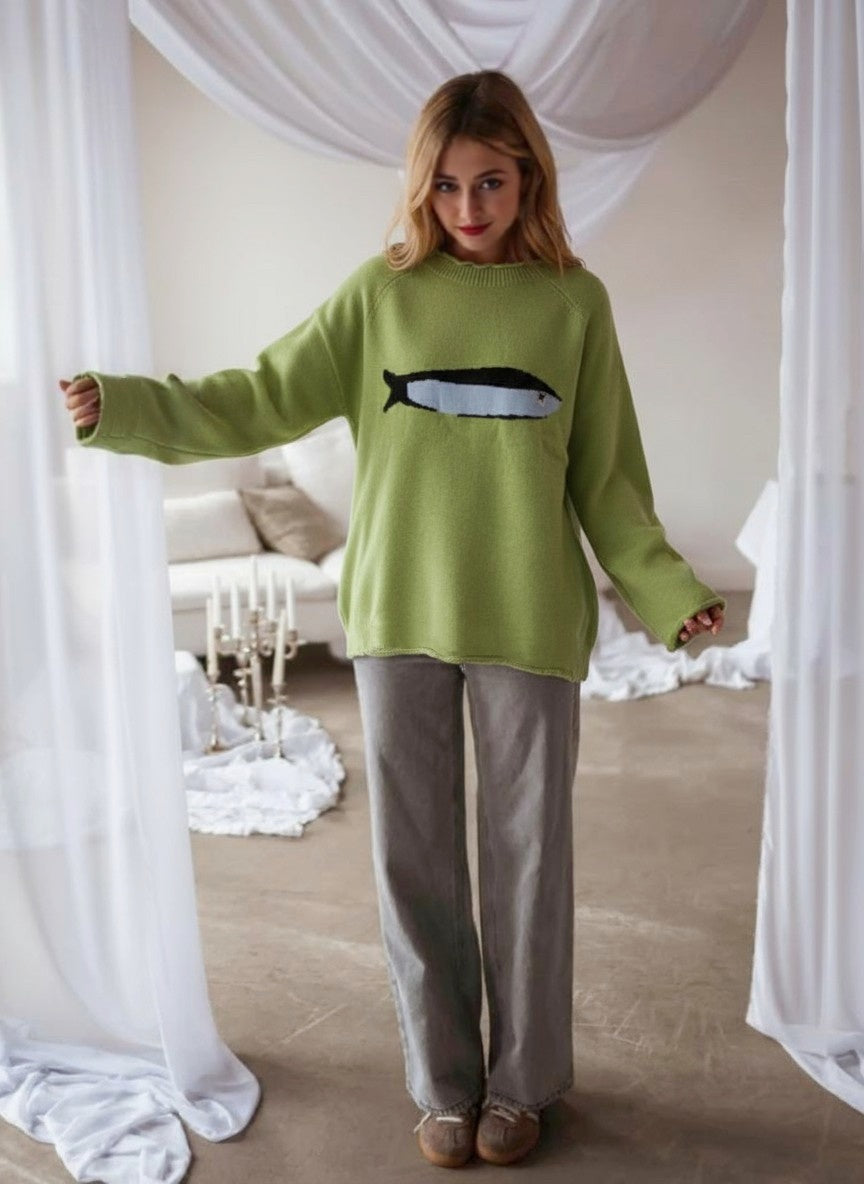 Sardine Graphic Roll Edge Knit Sweater - Green