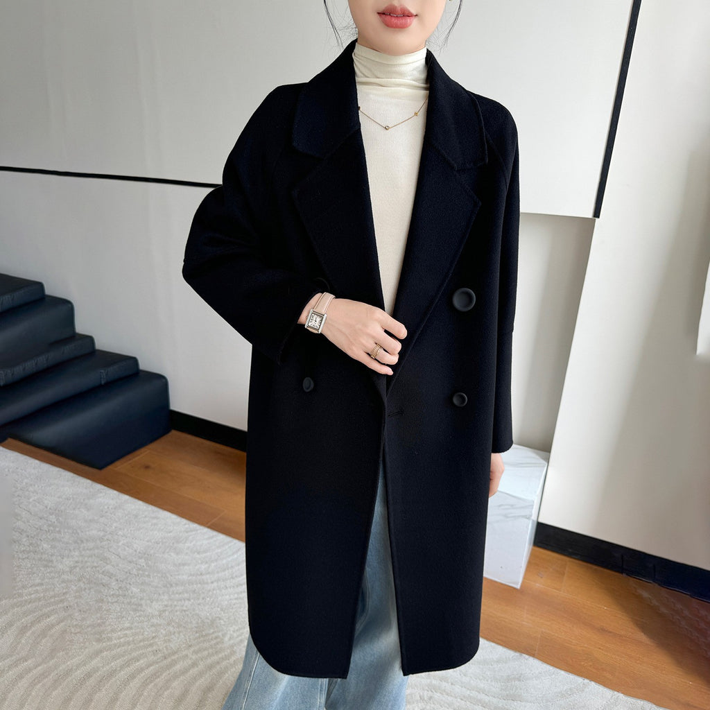 Oversized Double Breasted Wool Drop Shoulder Long Coat - Black