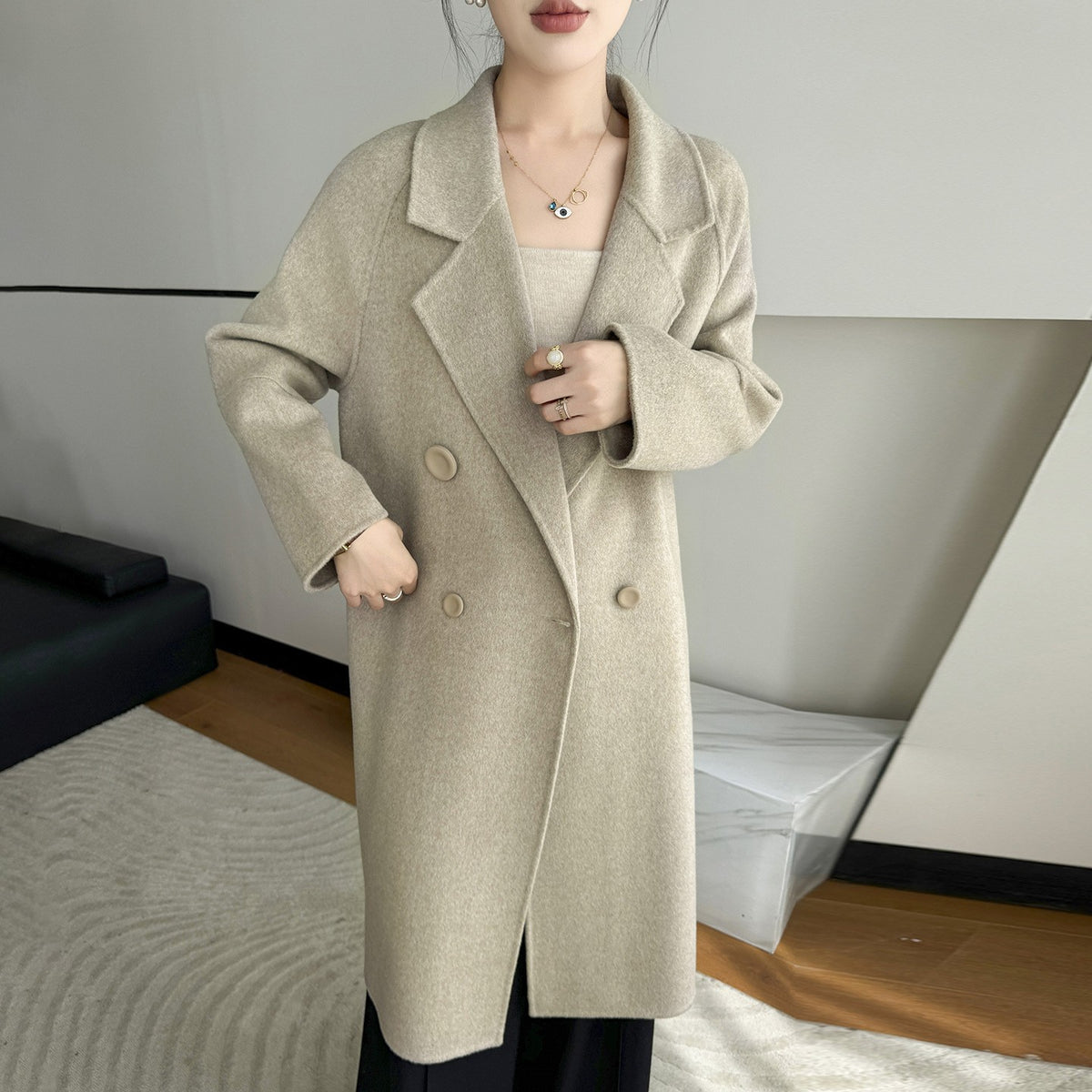 Oversized Double Breasted Wool Drop Shoulder Long Coat - Oatmeal