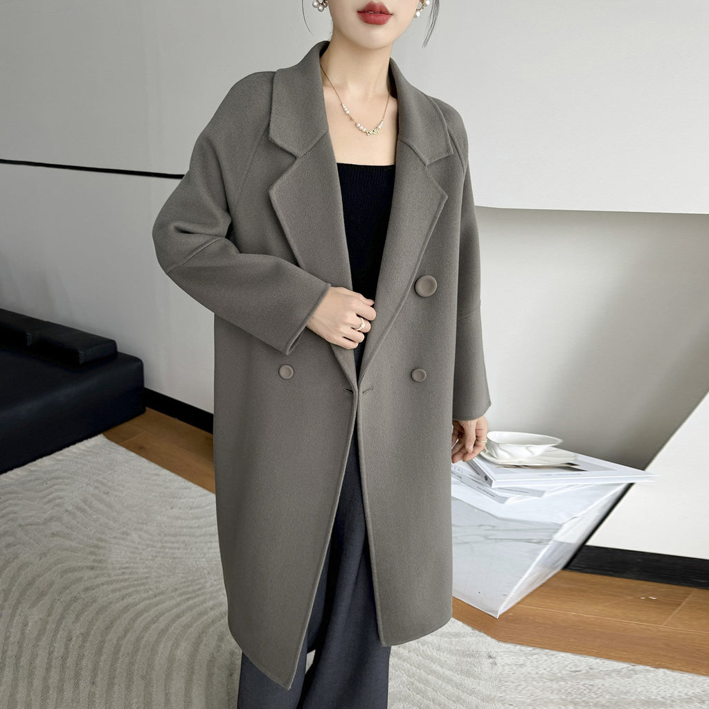 Oversized Double Breasted Wool Drop Shoulder Long Coat - Taupe Grey