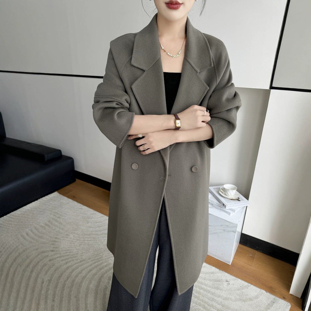 Oversized Double Breasted Wool Drop Shoulder Long Coat