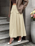 High Waist Pleated A-Line Maxi Skirt with Pockets - Khaki