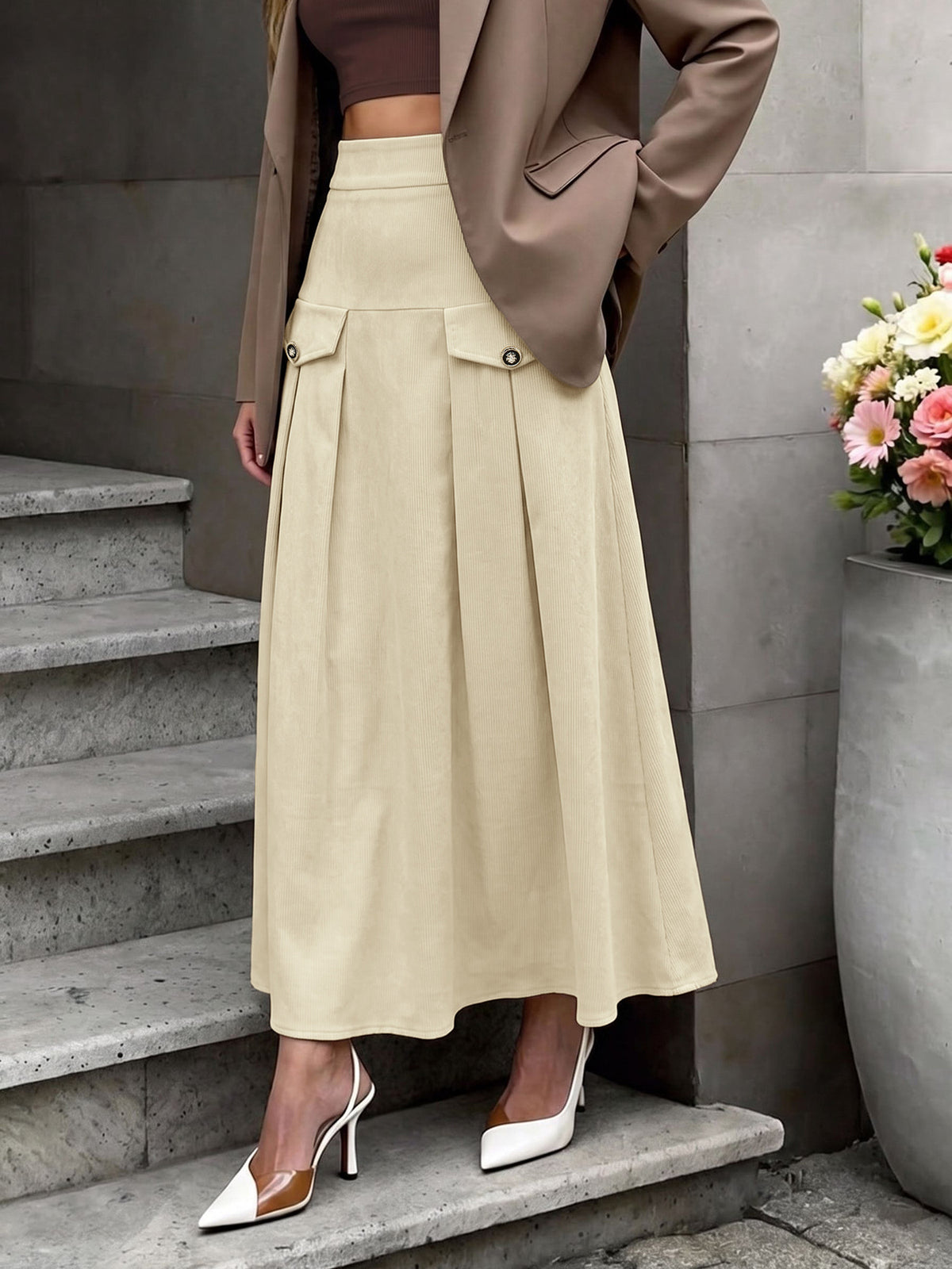 High Waist Pleated A-Line Maxi Skirt with Pockets - Khaki