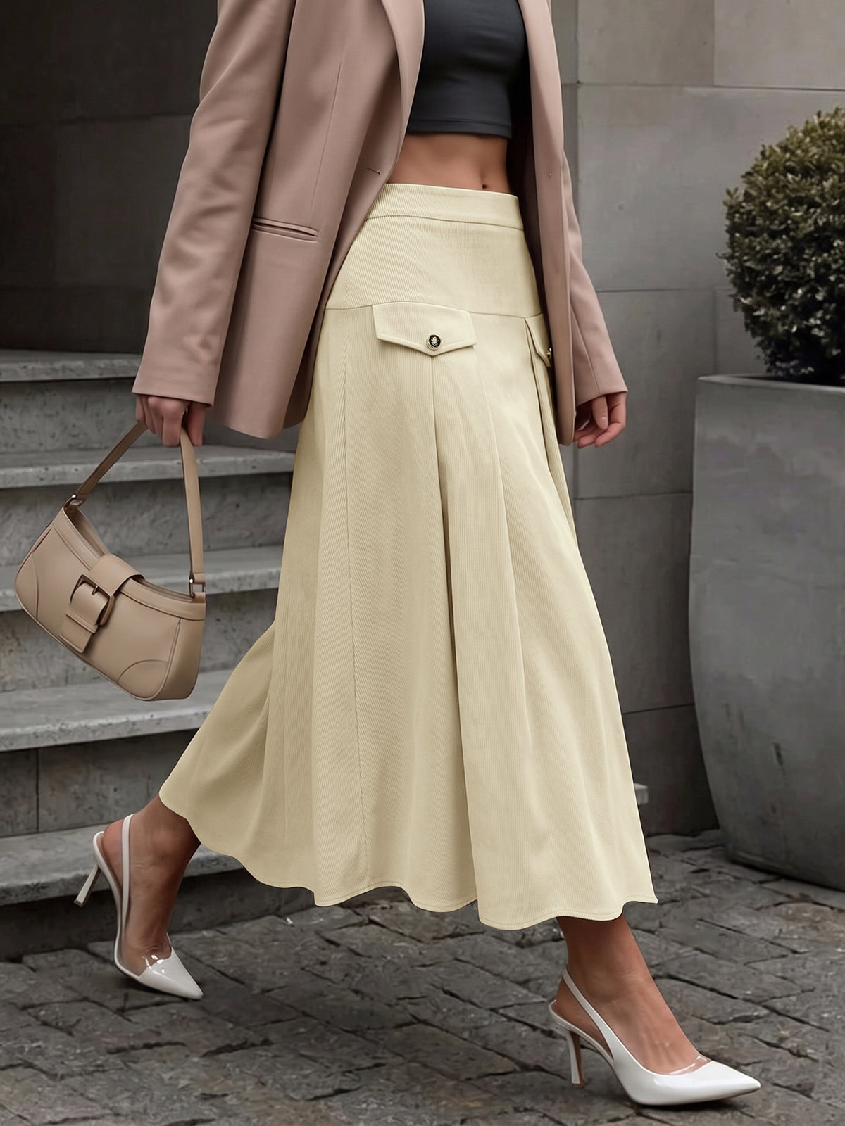 High Waist Pleated A-Line Maxi Skirt with Pockets - Khaki - 3