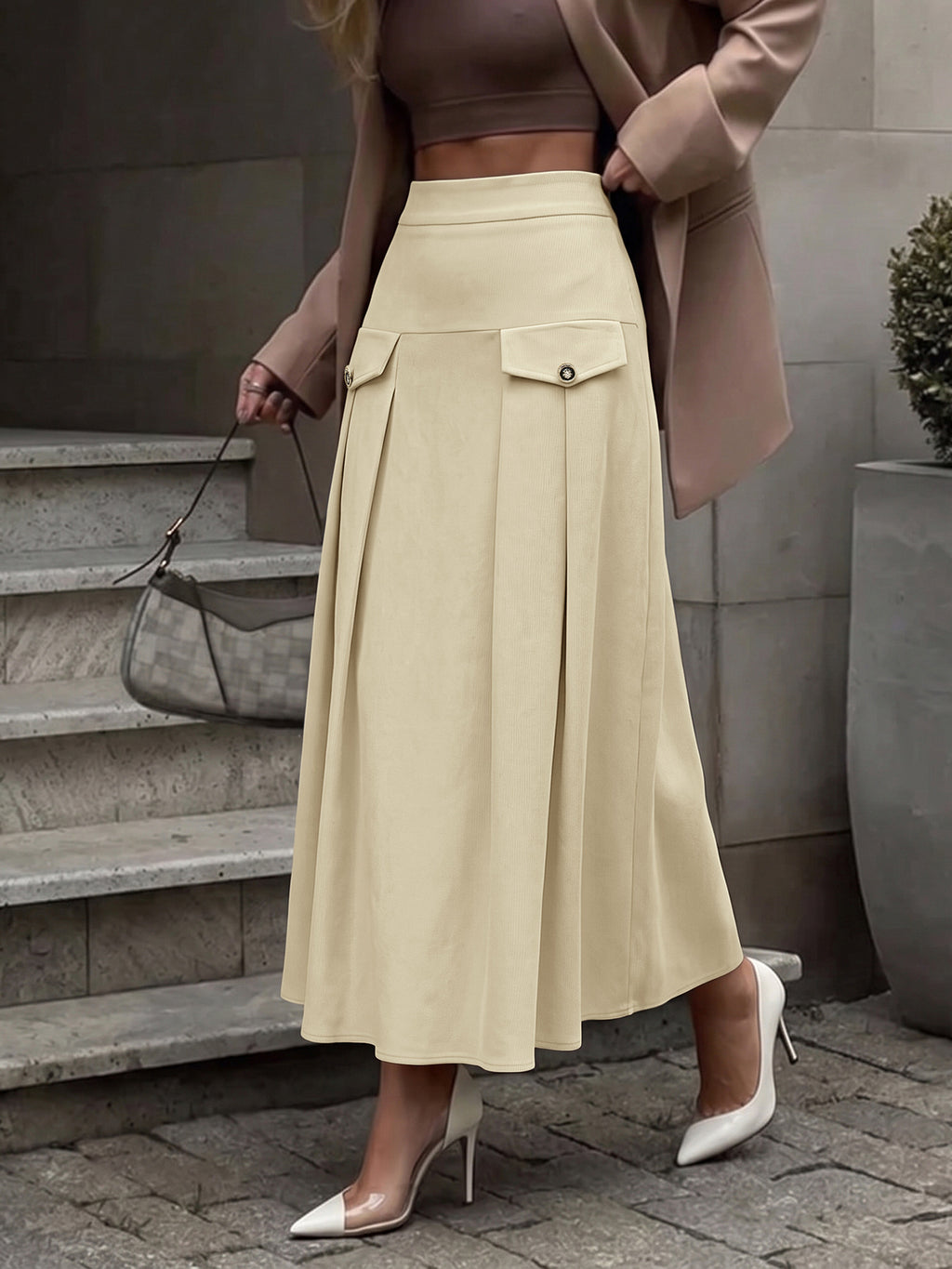 High Waist Pleated A-Line Maxi Skirt with Pockets - Khaki - 4