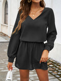 Cutout Back V Neck Puff Sleeve Mini Dress - Black