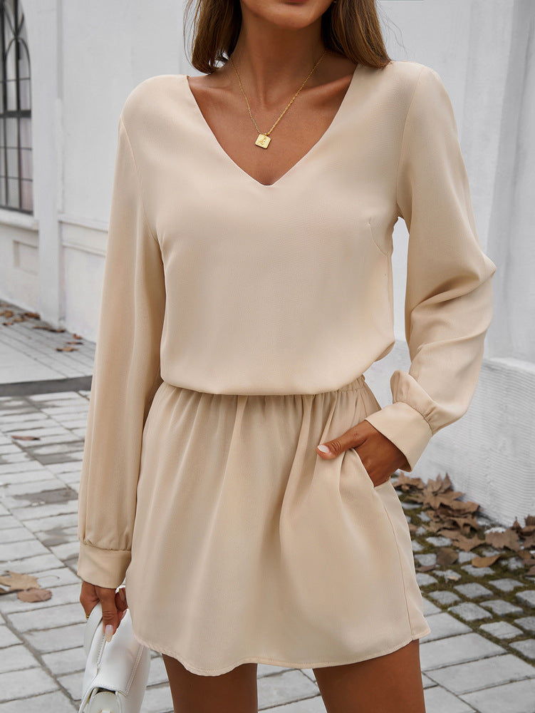 Cutout Back V Neck Puff Sleeve Mini Dress - Khaki - 1