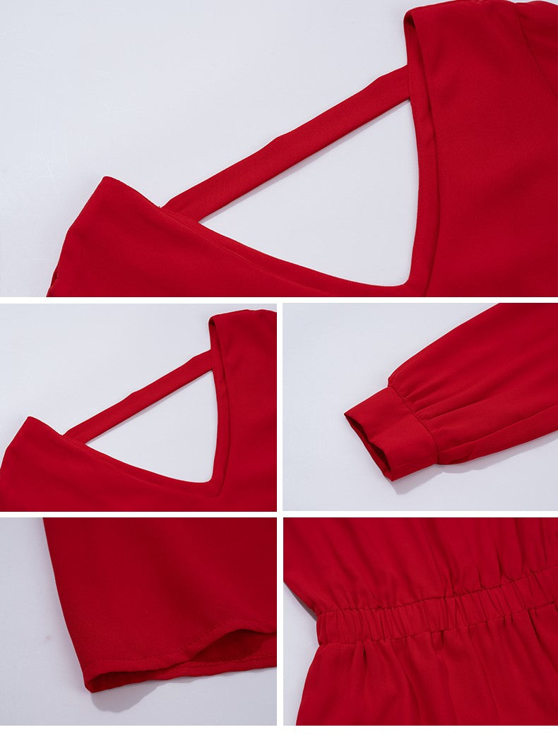 Cutout Back V Neck Puff Sleeve Mini Dress - Red - 2