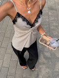 Scalloped Lace V Neck Twist Camisole - Khaki