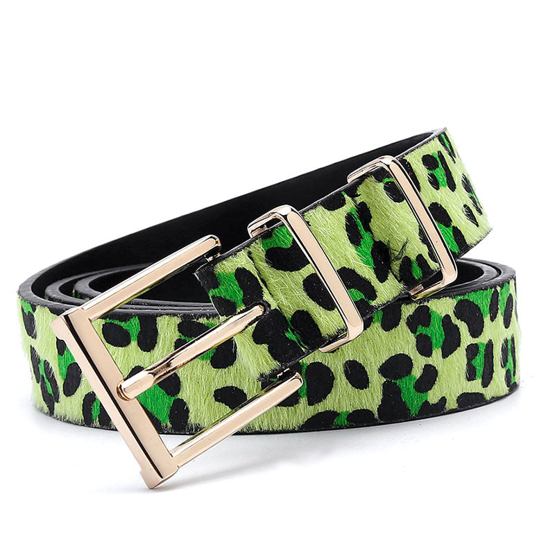 Animal Print Calf Hair Skinny Belt - Green
