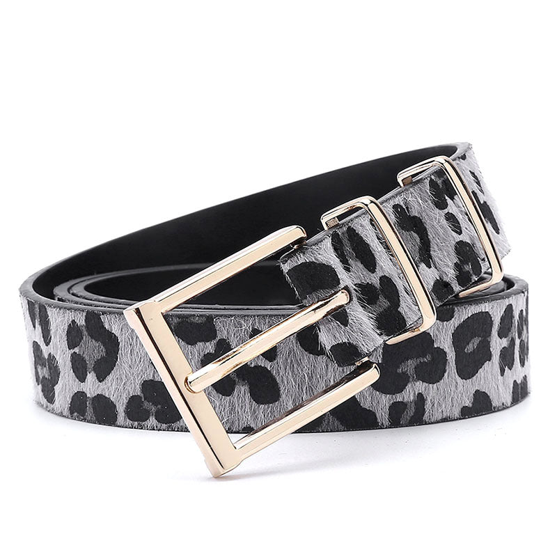 Animal Print Calf Hair Skinny Belt - Grey