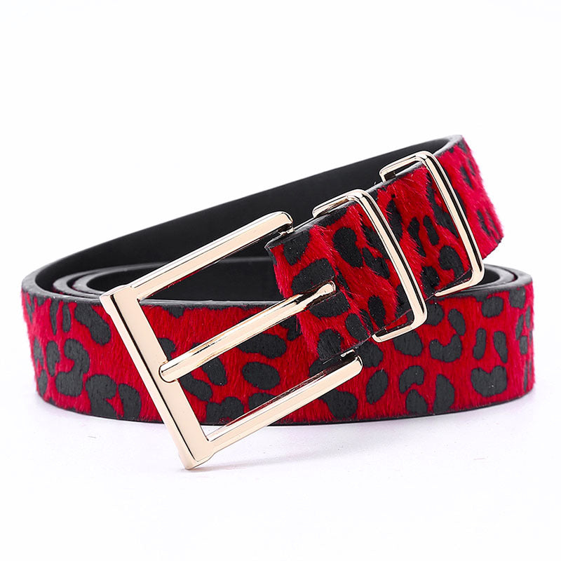 Animal Print Calf Hair Skinny Belt - Red