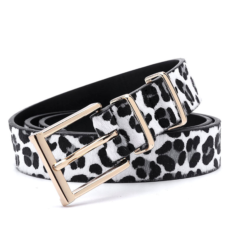 Animal Print Calf Hair Skinny Belt - White