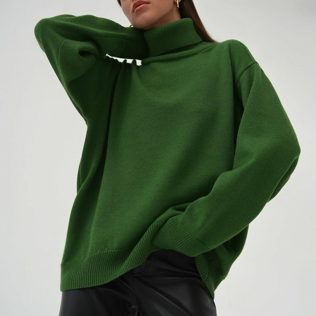 Chunky Turtleneck Side Slit Oversized Sweater - DarkGreen - 1