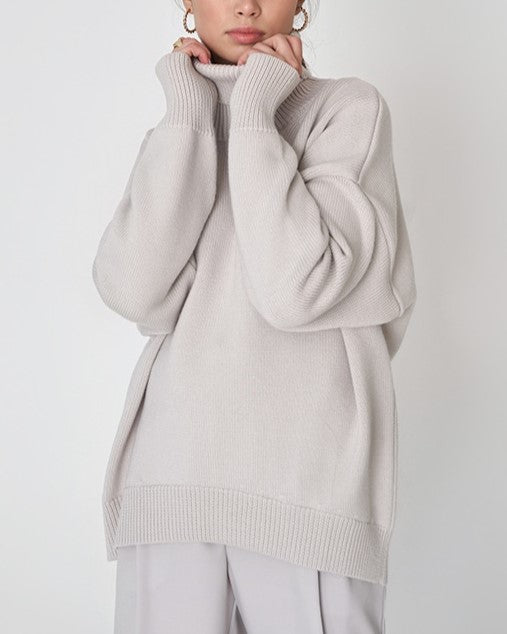 Chunky Turtleneck Side Slit Oversized Sweater - Grey