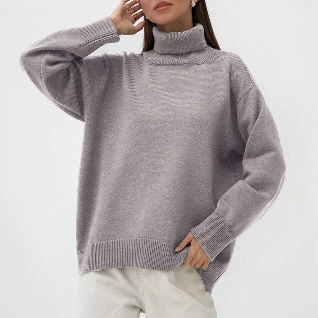 Chunky Turtleneck Side Slit Oversized Sweater - LightBrown