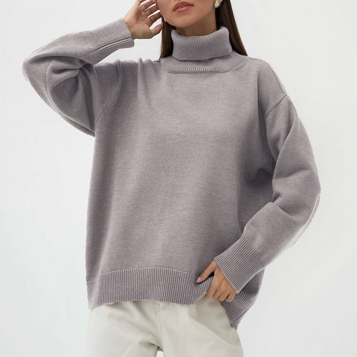 Chunky Turtleneck Side Slit Oversized Sweater - LightBrown