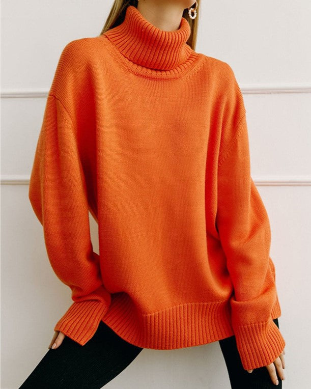 Chunky Turtleneck Side Slit Oversized Sweater - Orange