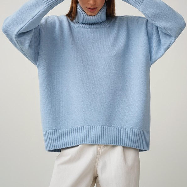 Chunky Turtleneck Side Slit Oversized Sweater - Sky Blue
