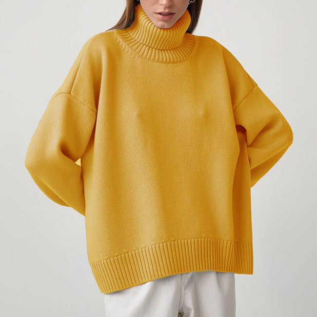 Chunky Turtleneck Side Slit Oversized Sweater - Yellow