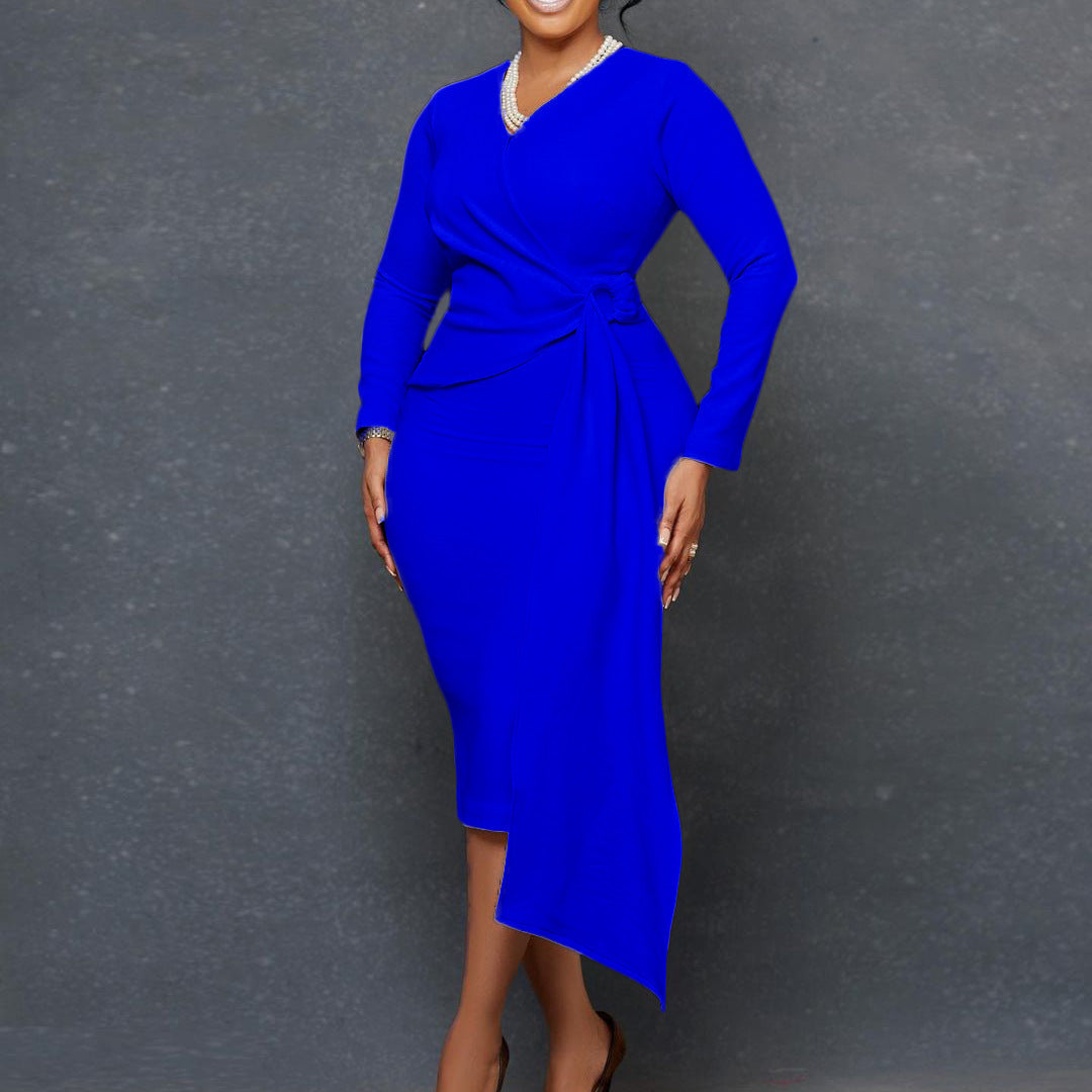 Long Sleeve Knot Wrap Asymmetric Midi Dress - Blue