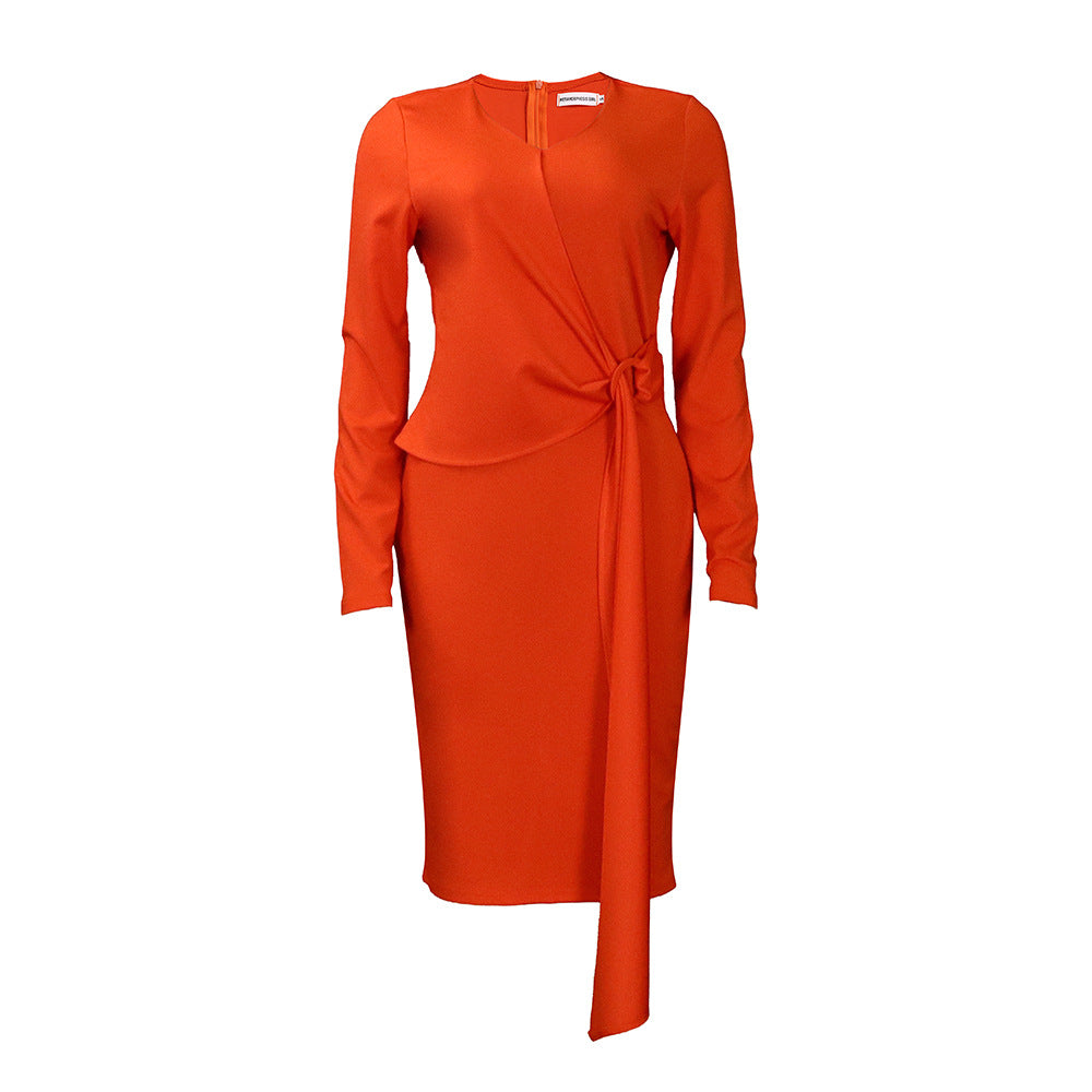 Long Sleeve Knot Wrap Asymmetric Midi Dress - Orange
