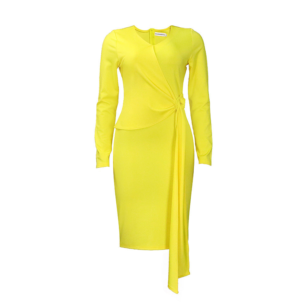 Long Sleeve Knot Wrap Asymmetric Midi Dress - Yellow