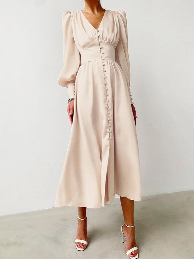 Button Front Satin Midi Dress With Puff Sleeves - Beige