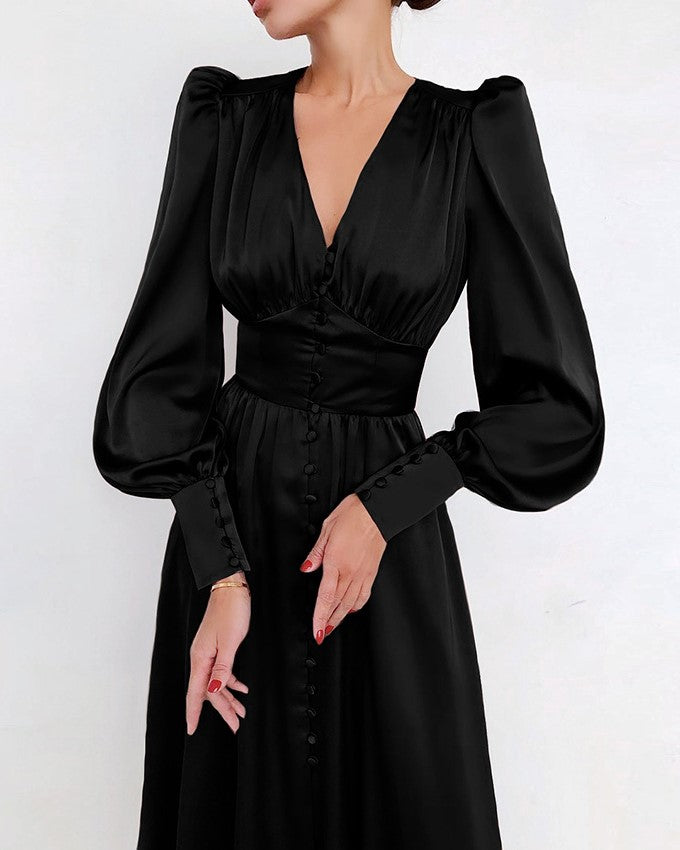 Button Front Satin Midi Dress With Puff Sleeves - Black