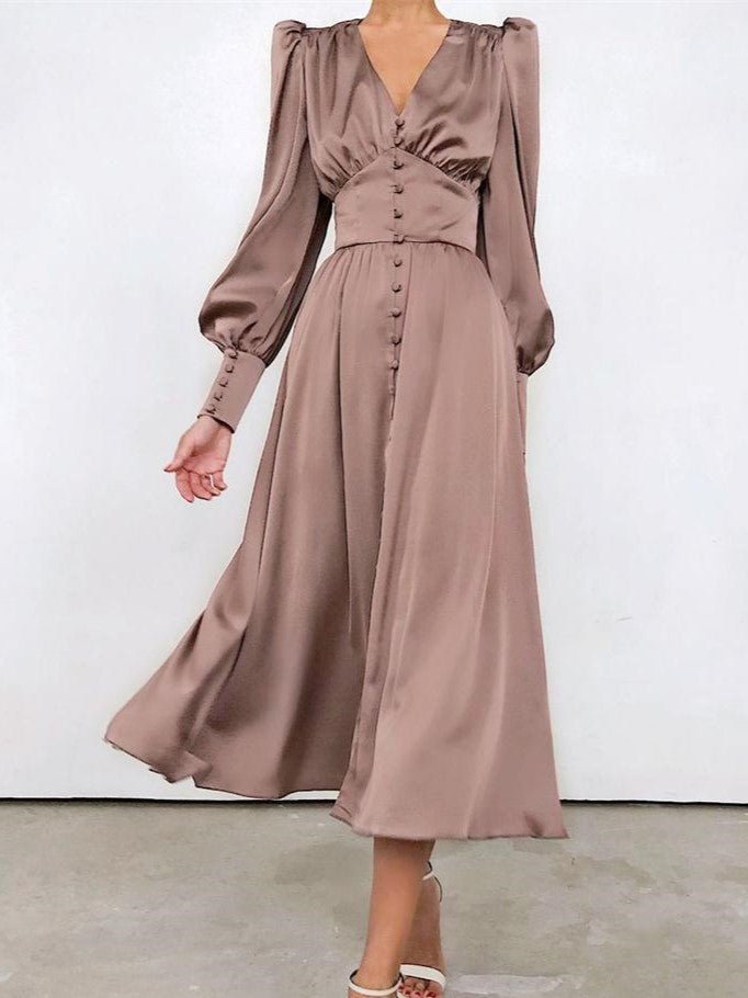 Button Front Satin Midi Dress With Puff Sleeves - Brown