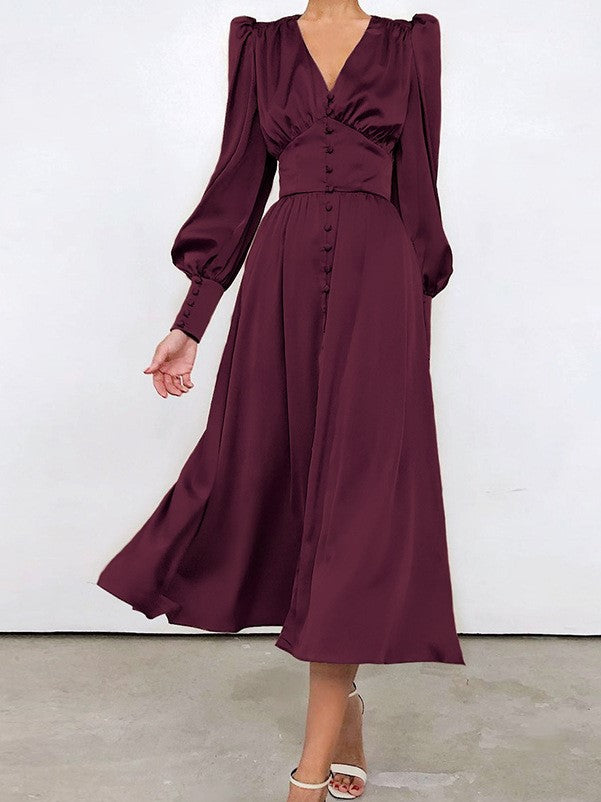 Button Front Satin Midi Dress With Puff Sleeves - Wine Red