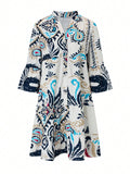Abstract Print Tiered Boho Midi Dress - White