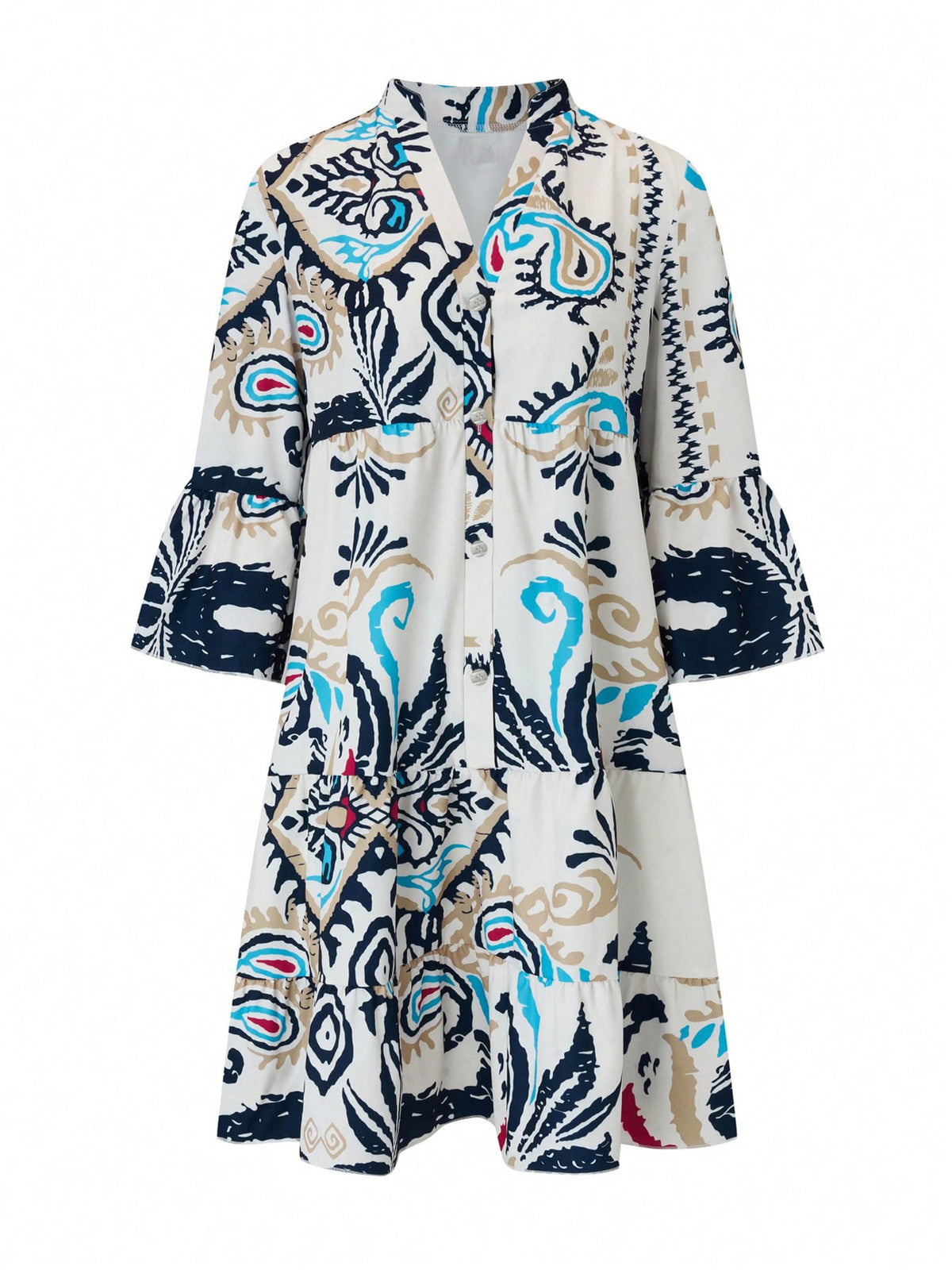 Abstract Print Tiered Boho Midi Dress - White
