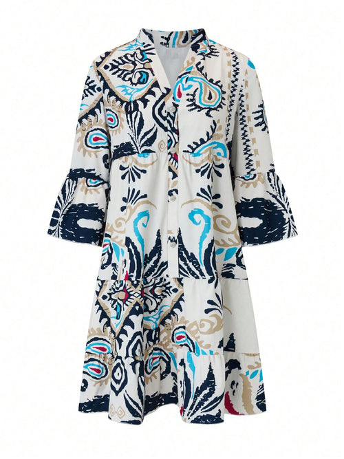 Abstract Print Tiered Boho Midi Dress - White