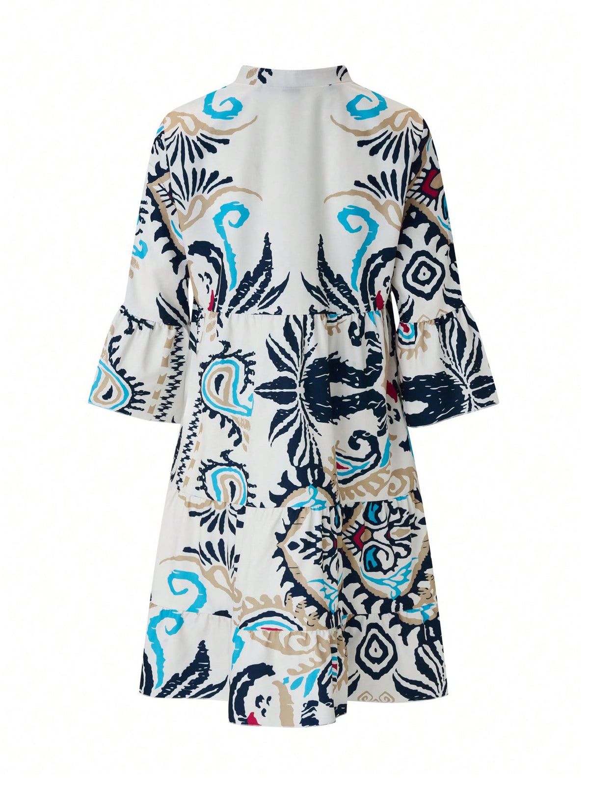 Abstract Print Tiered Boho Midi Dress - White - 1